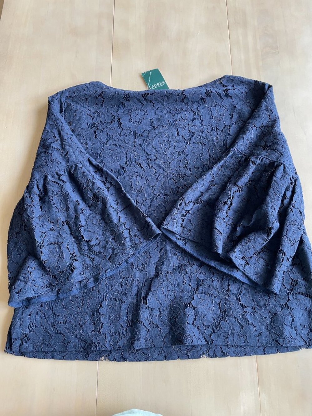 Entire Closet $5! $145 NEW Lauren Ralph Lauren Navy Blue Lace Bell Sleeve Top - Picture 10 of 13